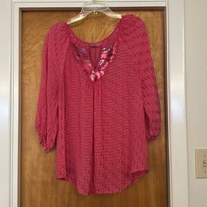 Robert Graham pink sequin neck peasant blouse large silk rayon